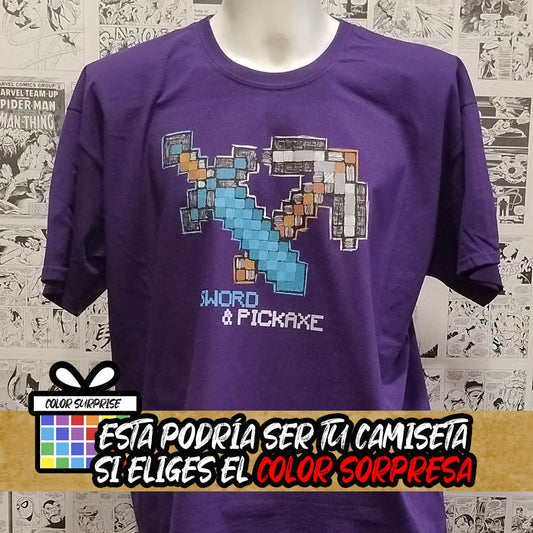Camiseta Pico y Espada Pixel Art | Videojuego Minecraft | Mujer - Hombre Frontal